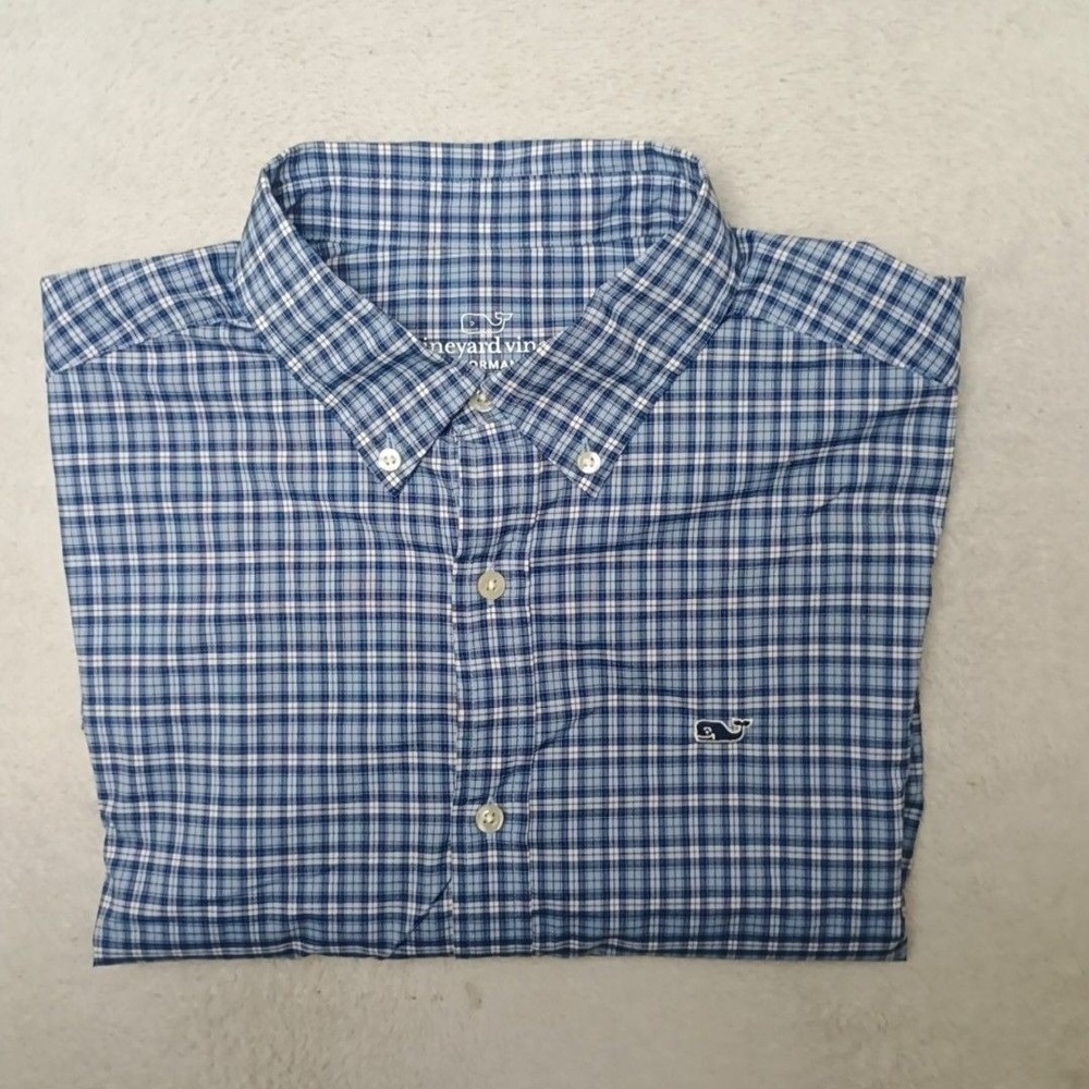 Vineyard Vines Shirt Mens M Blue Plaid Button-Up Long Sleeve Performance Nylon